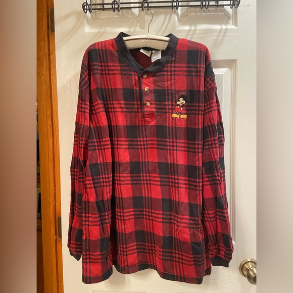 Disney Tops - Vintage Disney Store Mickey Mouse Plaid Henley – Red/Black – Size XL